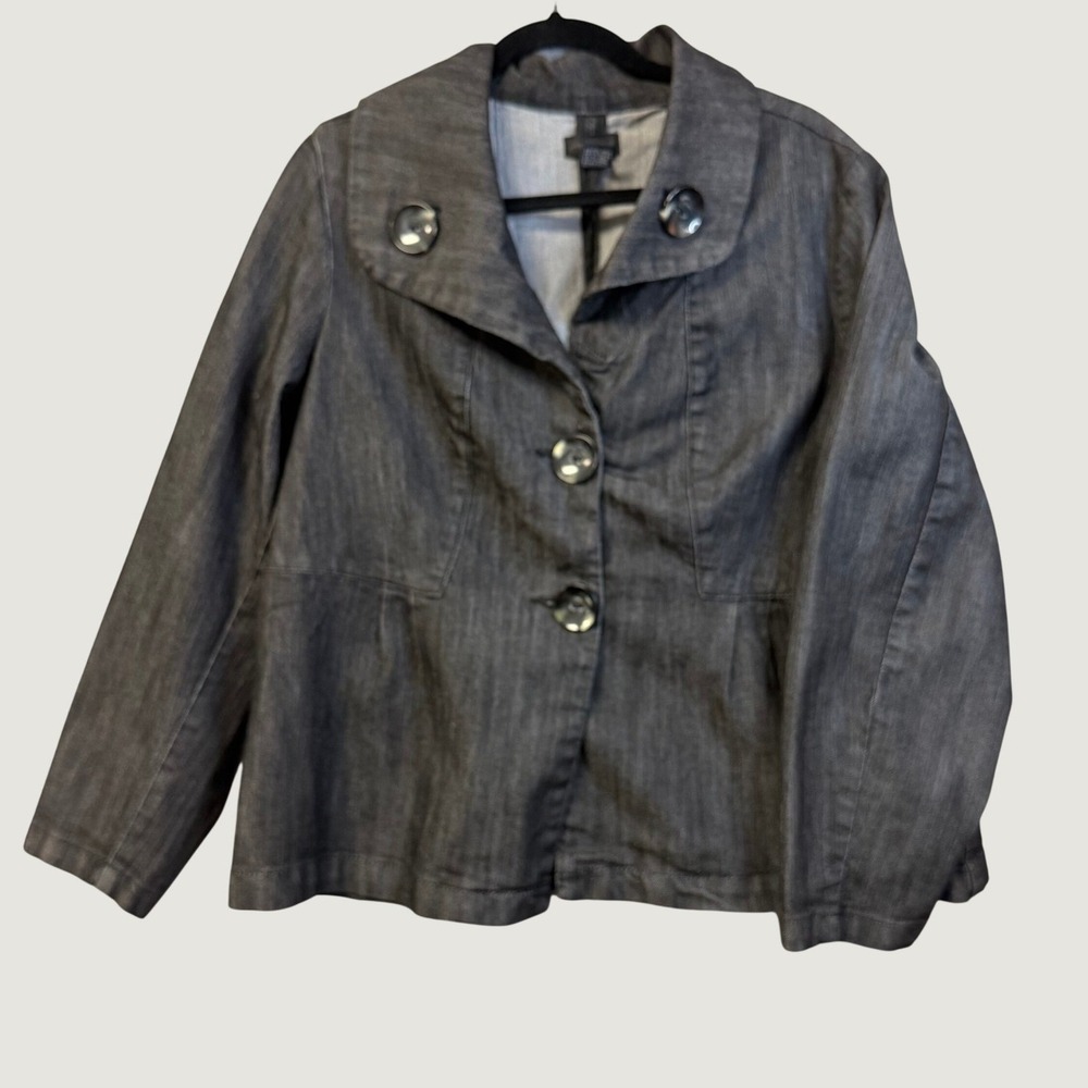 Ashley Stewart Womens 16W Black Denim‎ Peplum Jacket Blazer Stretch Dark Wash
